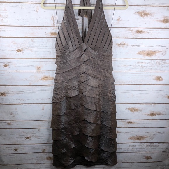 Cache brown ruffle vneck halter shimmer midi dress - Picture 4 of 8